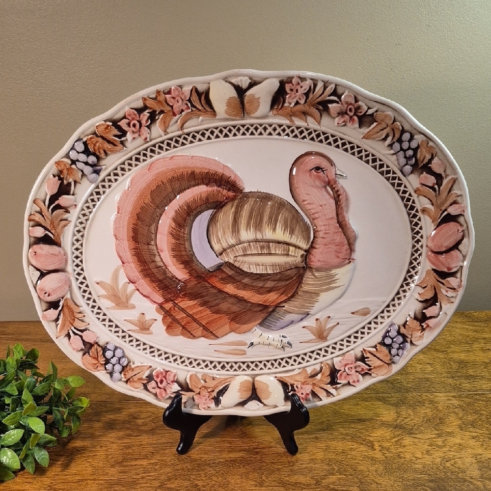VINTAGE Large Handpainted Embossed Oval Ceramic Turkey Serving Platter Farmhouse